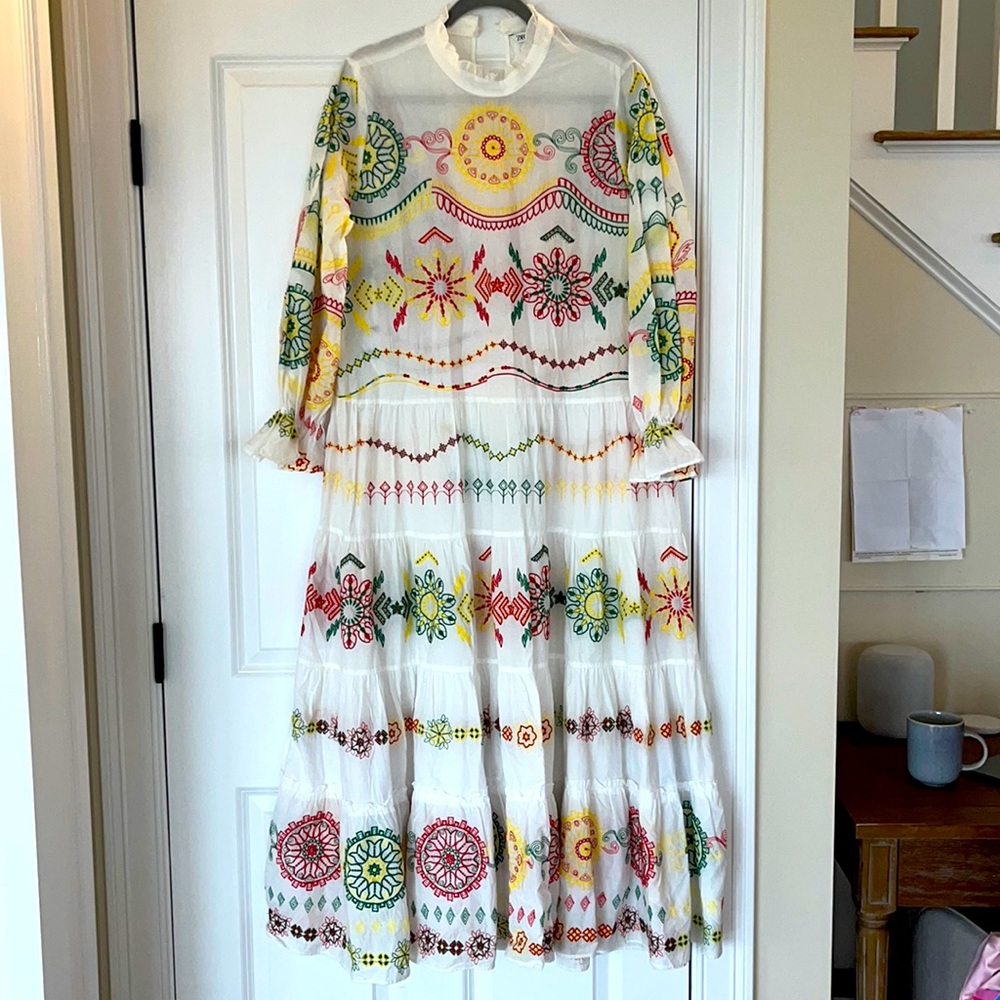 Embroidered dress, multi on white. cotton